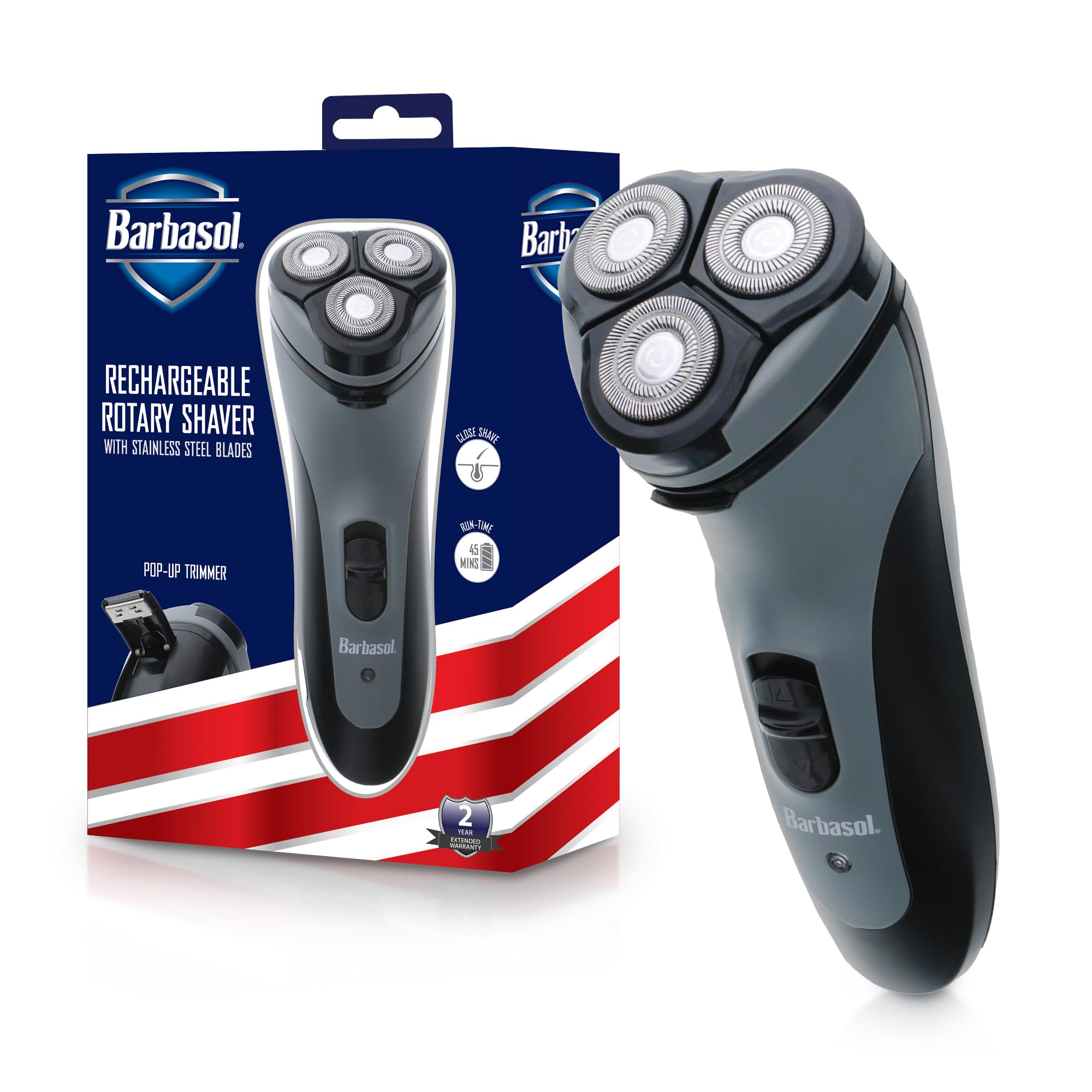 Photo 1 of Barbasol Rotary Shaver, Rechargeable Electric Rotary Shaver with Stainless Steel Blades, Pop-Up Trimmer, Wireless Cordless Electric Razor, Close Shave, Full 8 Hour Charge Provides 45 Minute Run-Time