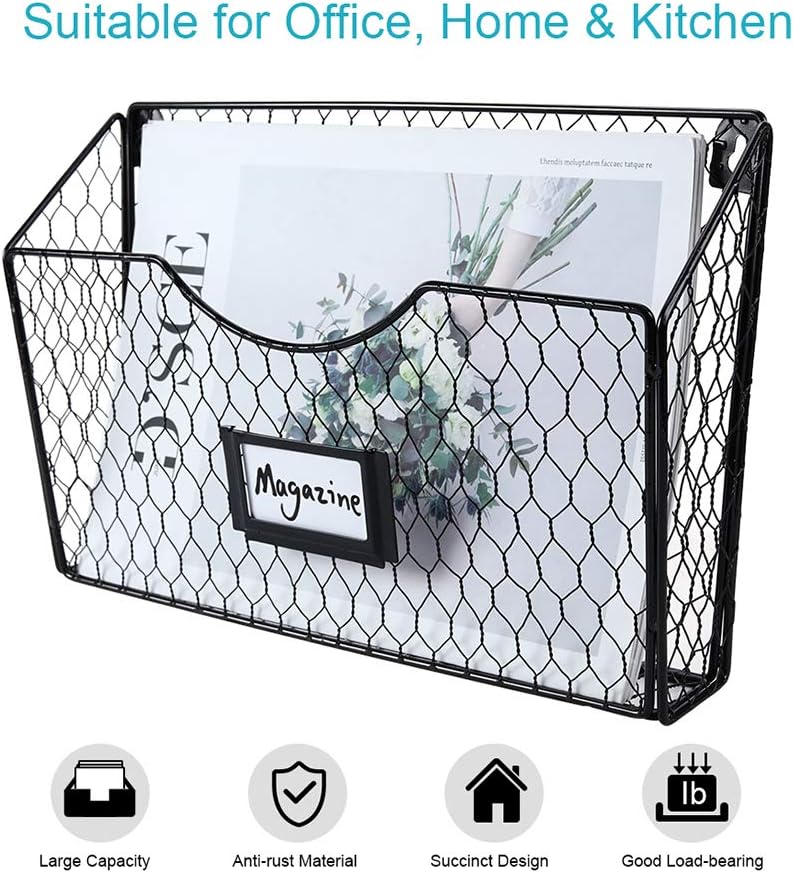PAG 3 Pockets Hanging File Holder Wall Mount Mail Organizer Metal Chicken Wire Magazine Rack with Tag Slot, Black : Office Products