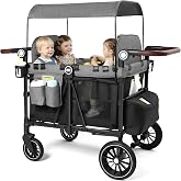 Kinder King Wagon Stroller for 4 Kids, Adjustable Handle, Black&amp;Grey | All-Terrain 4 Seater Folding Outdoor Stroller Wagon, Removable Canopy, 5-Point Safety Harness, Detachable Tray, Large Storage