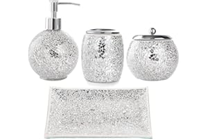 WHOLE HOUSEWARES Premium Bathroom Accessory Set | 4-Piece Decorative Glass Bathroom Accessories Set | Soap Dispenser, Tray, Jar, Toothbrush Holder | Gift Idea | Elegant Silver Mosaic Glass (Silver)