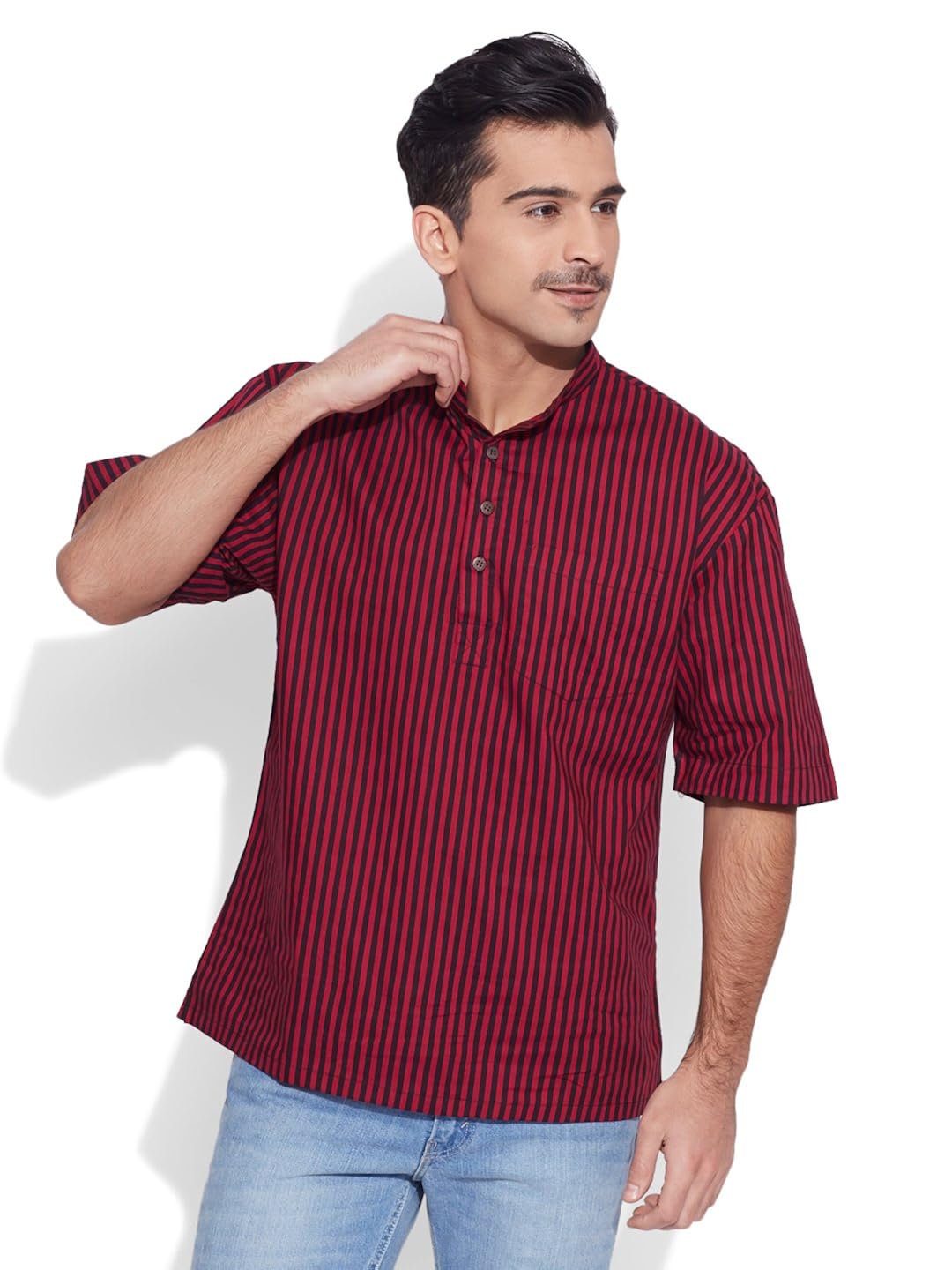 very me men's designer maroon pure cotton printed short kurta