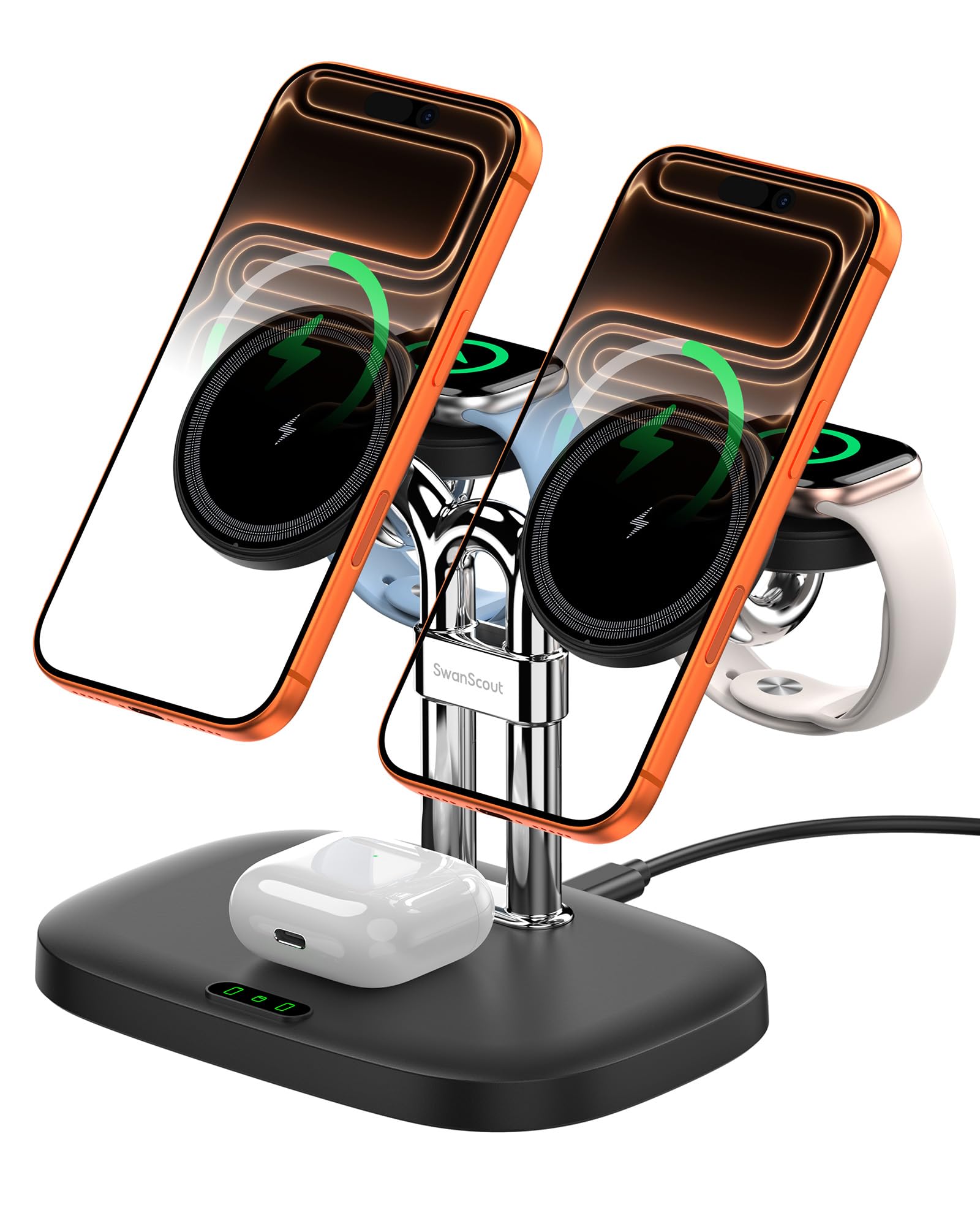 Magnetic 5-in-1 Wireless Charging Stand, Dual Phone & Dual Apple Watch Charger, 5W for Apple Watch Fast Charging Station, Compatible with iPhone 17-12, for Apple Watch Ultra/11-7, SwanScout 902M