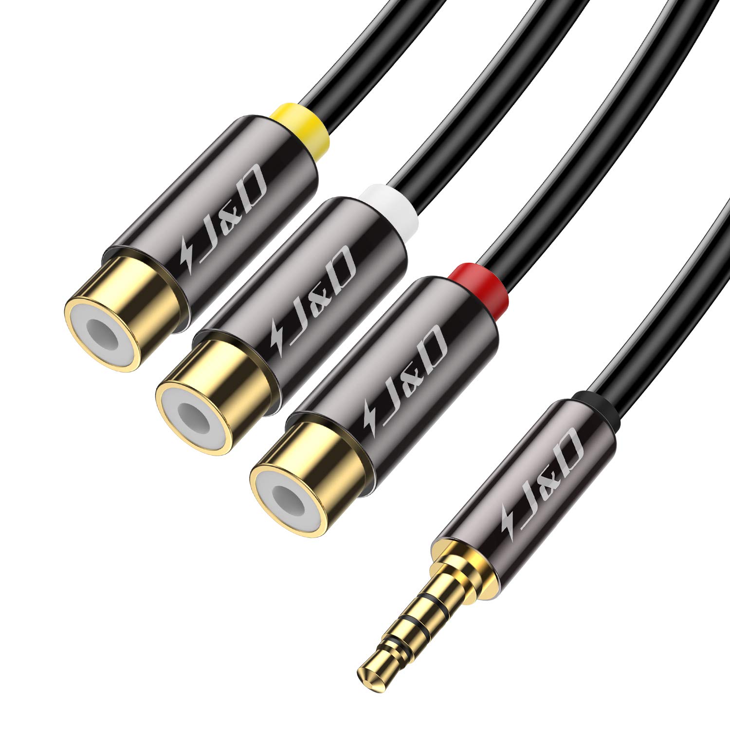 J&D 3.5 mm Male to 3RCA Female Cable, Gold Plated Copper Shell Camcorder Audio Video A/V AUX Lead for Smart phones, MP3, Tablets, Speakers, Home Theater, 0.3 Meter