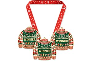 HBWHBW Ugly Christmas Sweater Medals, 3 Pack – Winner Awards with Red Neck Ribbons, 2.3" Metal Ornaments for Ugly Sweater Contest, Party Prizes & Tree Decorations