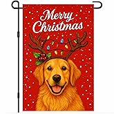 BlissYard Christmas Golden Retriever Garden Flag 12x18 Double Sided Merry Christmas Dog Flag Golden Retriever with Antlers Lights Winter Outdoor Garden Decor Yard Lawn Porch Patio Holiday Banner