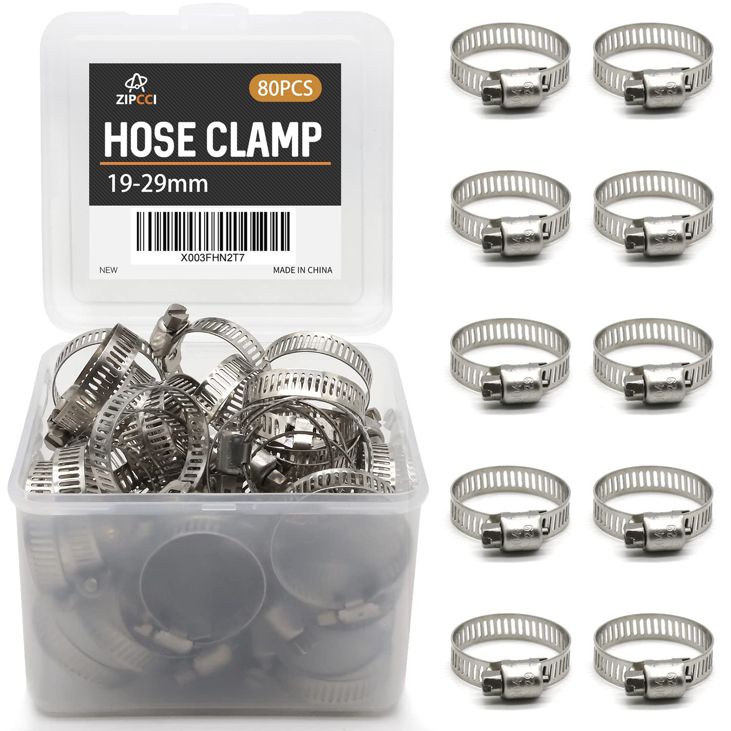 ZIPCCI Hose Clamp 1 Inch, 80 Pack Stainless Steel Hose Clamps Worm Gear fuel line pipe clamps, 19-29mm (1 Inch)