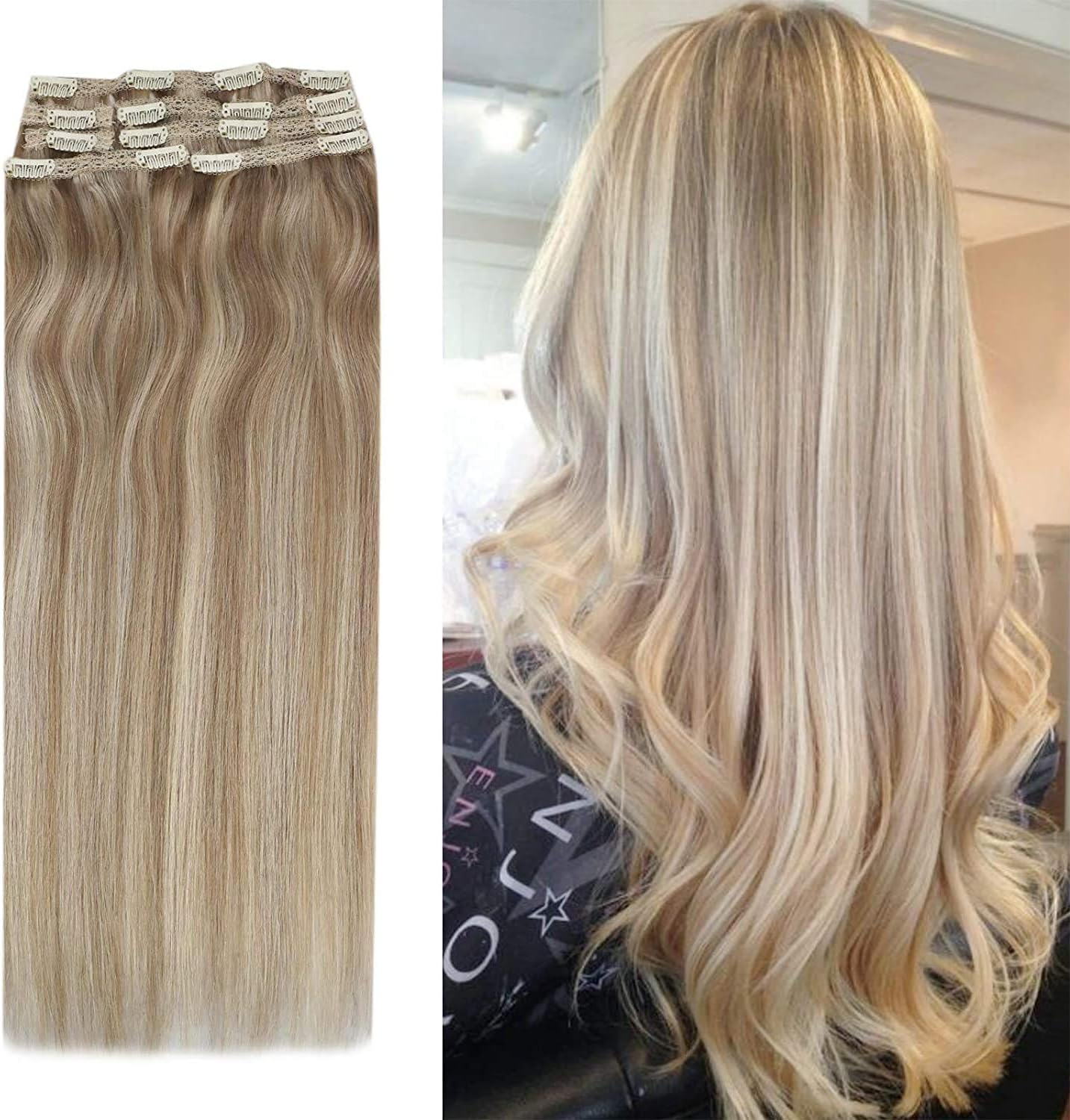 YoungSee Clip in Hair Extensions Blonde - Dark Blonde mixed Medium Blonde - Double Weft Real Hair Extensions Clips Remy Hair 7pcs/100g 22inch