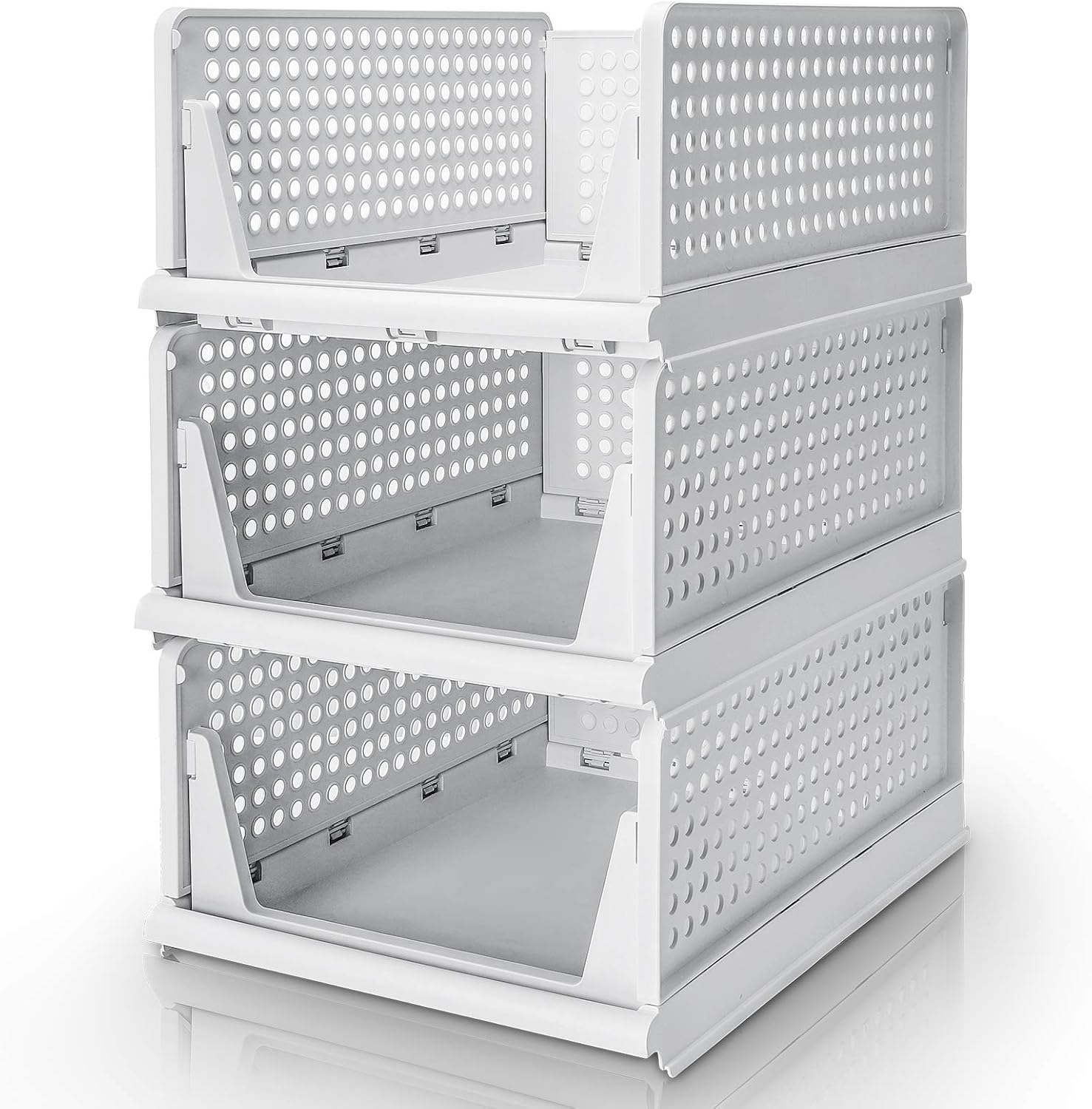 Homde Closet Organizer Stackable 3 Pack Clothes Organizer Foldable Plastic T-Shirt Storage Containers Large Capacity Collapsible Kid Toy Food Rack White for Wardrobe