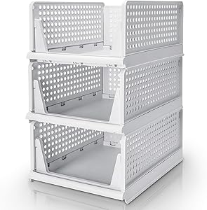 Homde Closet Organizer Stackable 3 Pack Clothes Organizer Foldable Plastic T-Shirt Storage Containers Large Capacity Collapsible Kid Toy Food Rack White for Wardrobe