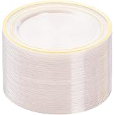 BESTVIP 100PCS Clear Plastic Plates, 10.25 Inch Disposable Dinner Plate Party with Gold Rim, Heavy Duty Disposable Plastic Plates for Party, Wedding and Birthday, Christmas, Thanksgiving