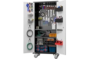 JAORD Tool Storage Cabinet with Wheels, Metal Garage Cabinet, Tall Storage Cabinet with Locking Doors, 3 Adjustable Shelves for Home Utility Room