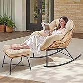 ONBRILL Papasan Rocking Chair with Ottoman, Oversized Papasan Chair, Beige | Indoor &amp; Outdoor Rocker Chair with Padded Cushion for Living Room, Patio, Garden