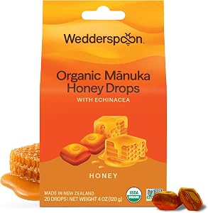 Wedderspoon Organic Manuka Honey Drops, Honey & Echinacea, 20 Count | USDA Organic, Genuine New Zealand Honey, Natural Remedy