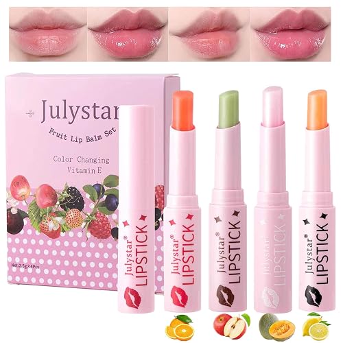 4 Pcs Fruity Colour Changing Lip Blam, Moisturizing and Long Lasting Lipsticks with Vitamin E, Hydration, Lightweight Texture, Tinted Lip Balm with Gift Box for Girls and Women (B)