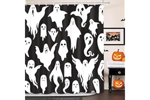 MEHOFOND Halloween Ghost Shower Curtain Halloween Spooky Bathroom Curtain Cute Funny Cartoon Ghosts Icons Black and White Decor Washable Durable Fabric Bathroom Curtains 72x72 in