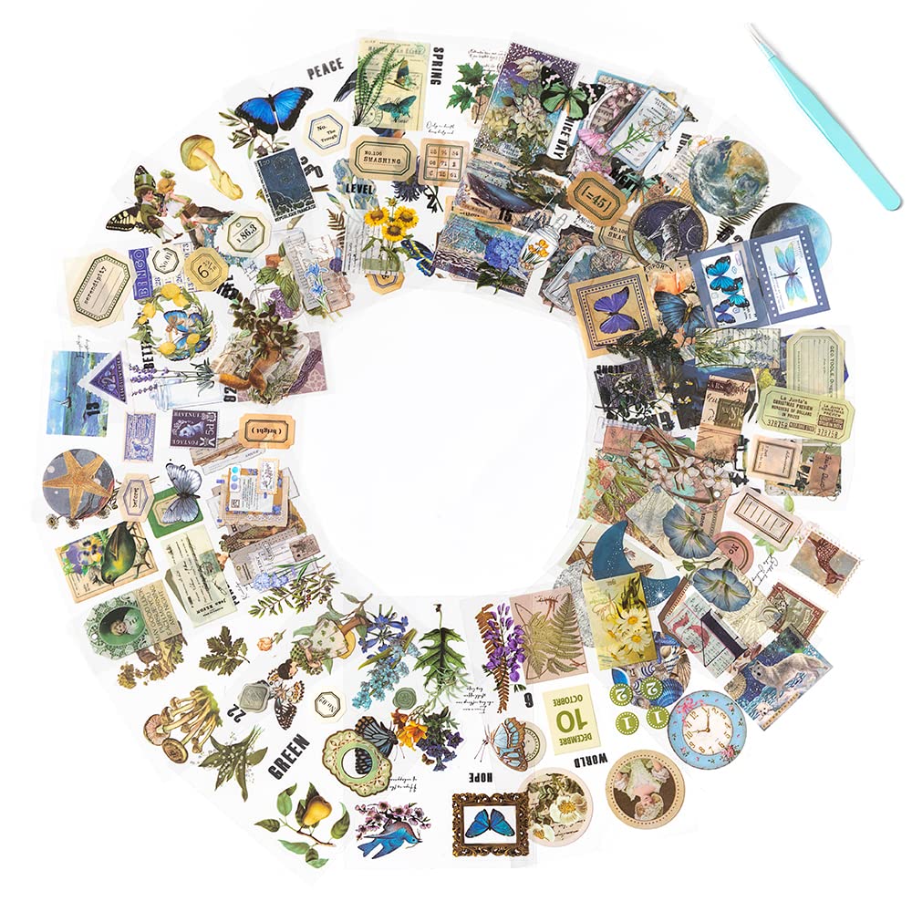 Alideco Vintage Scrapbooking Supplies Sets Transparent Celestial Planet Moon Scrapbook Stickers Journaling Aesthetic Stickers for Adults tweezer 20Sheets/165Pcs