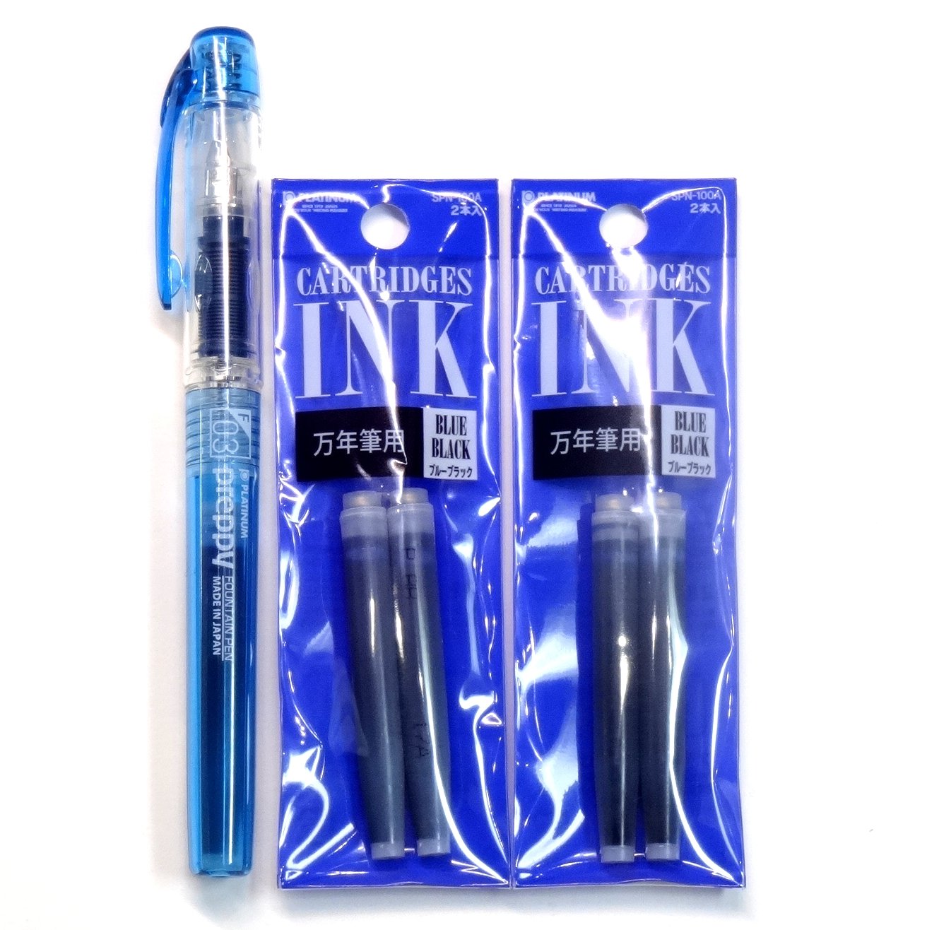 Platinum Fountain Pen, New Preppy, Fine Nib, Blue Black(PSQ-300#3) + Ink Cartridges SPN-100A#3 (Blue Black) Set (Japan Import) [Komainu-Dou Original Package]