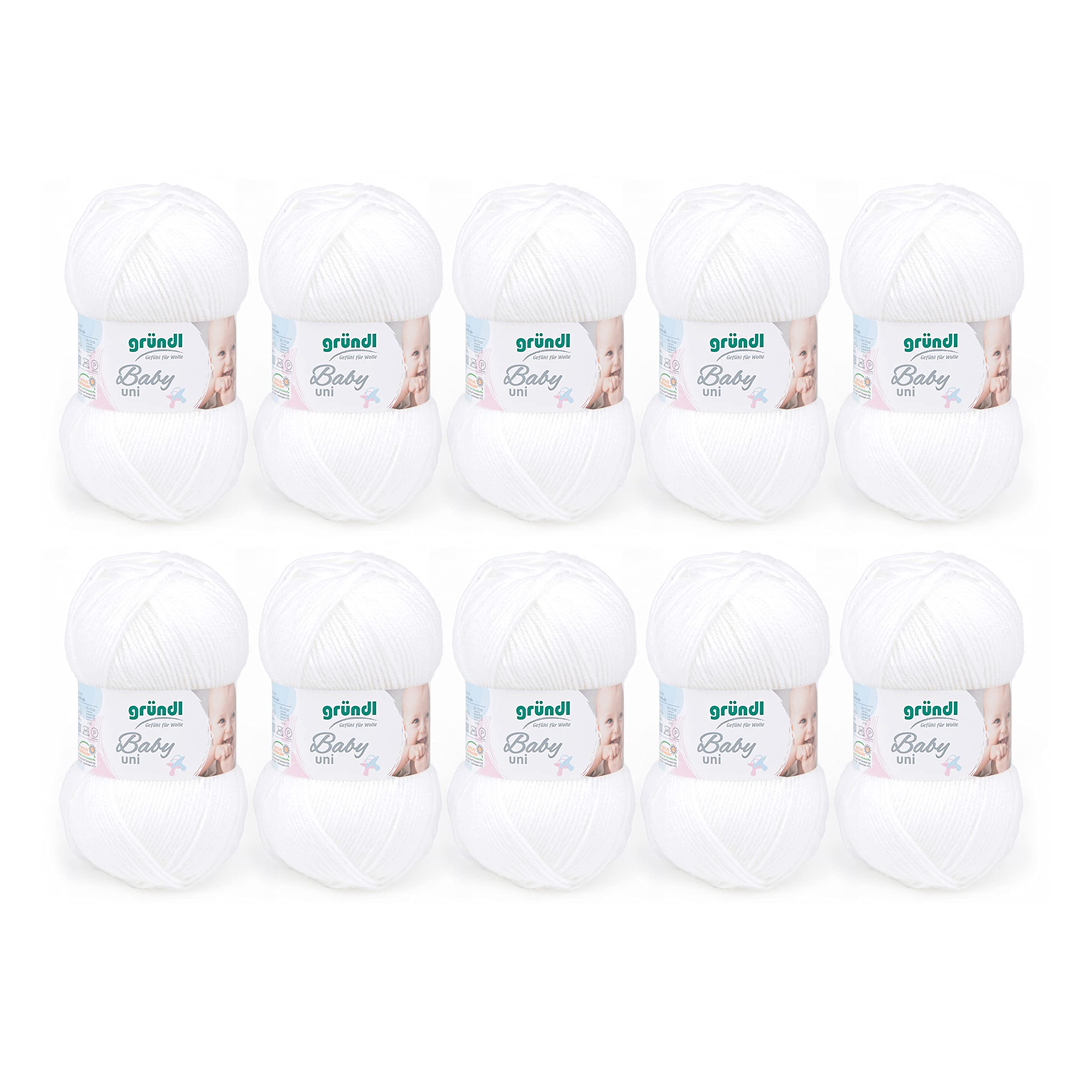 Gründl Baby Uni knitting/crochet yarn (hard wearing and easy-care, made of 70% polyacrylic and 30% polyamide, 50 g / 150 m, needle size: 3.5-4.5mm, 10 x 50 g), White