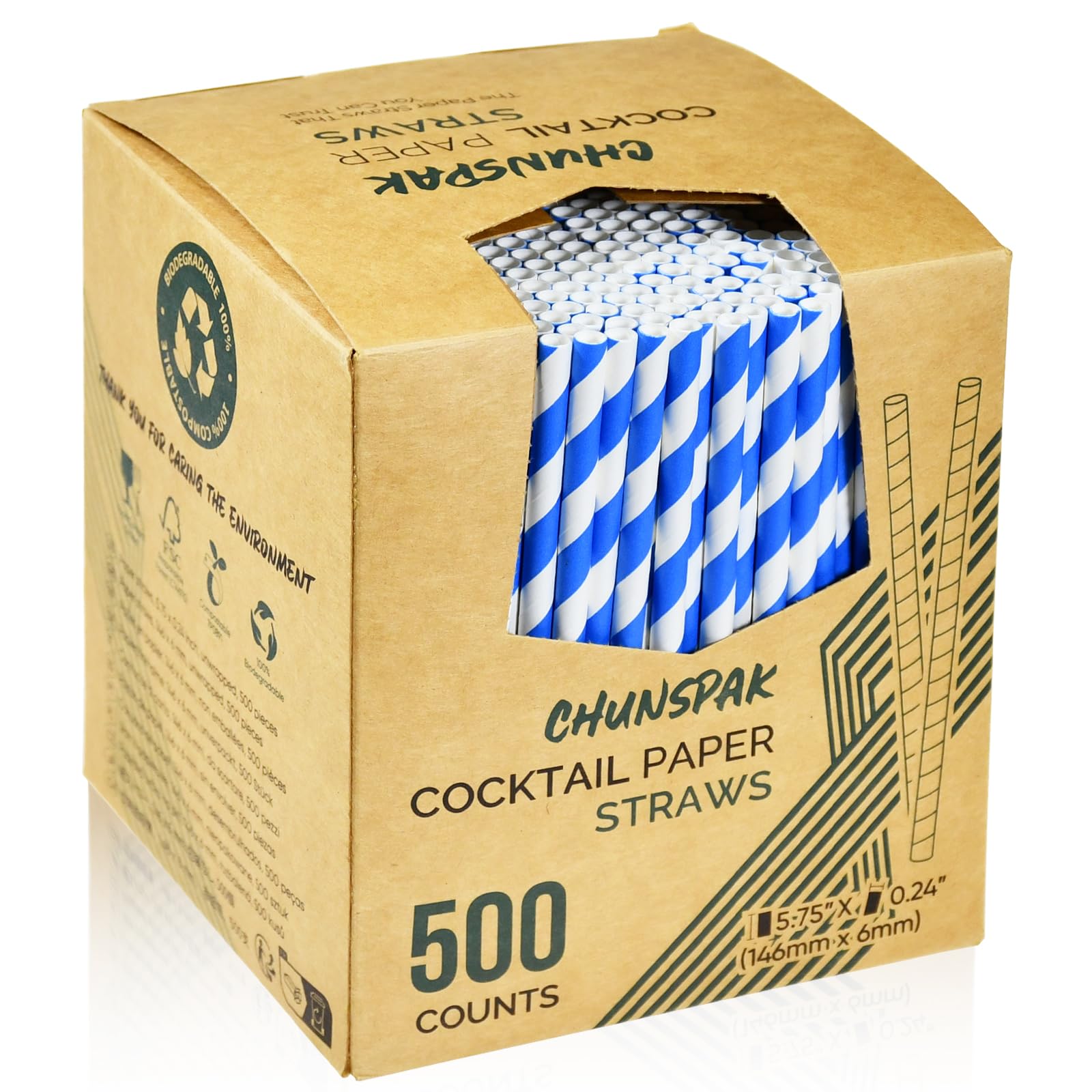 Photo 1 of Chunspak 5.75 inch Blue/White Striped Paper Straws & Stirrer Sticks 500 Counts, for Cocktail, Coffee, Bars and Restaurants, Disposable