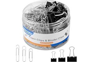 FUDAO FAMILY Paper Clips & Binder Clips, 340 PCS Assorted Sizes, Silver & Black, Metal, Medium, Large, Small