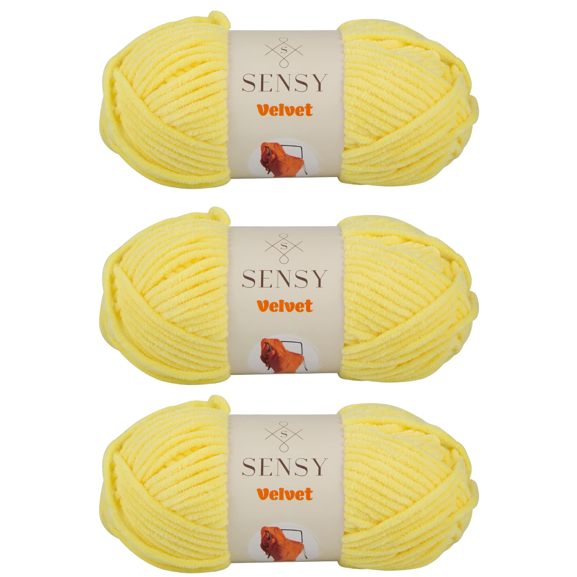 3 Skeins of Sensy Velvet Yarn for Crocheting, Baby Blanket Yarn, Chenille Yarn, Amigurumi Yarn, 3.5 oz, 132 Yards, Gauge 5 Bulky (Yellow)