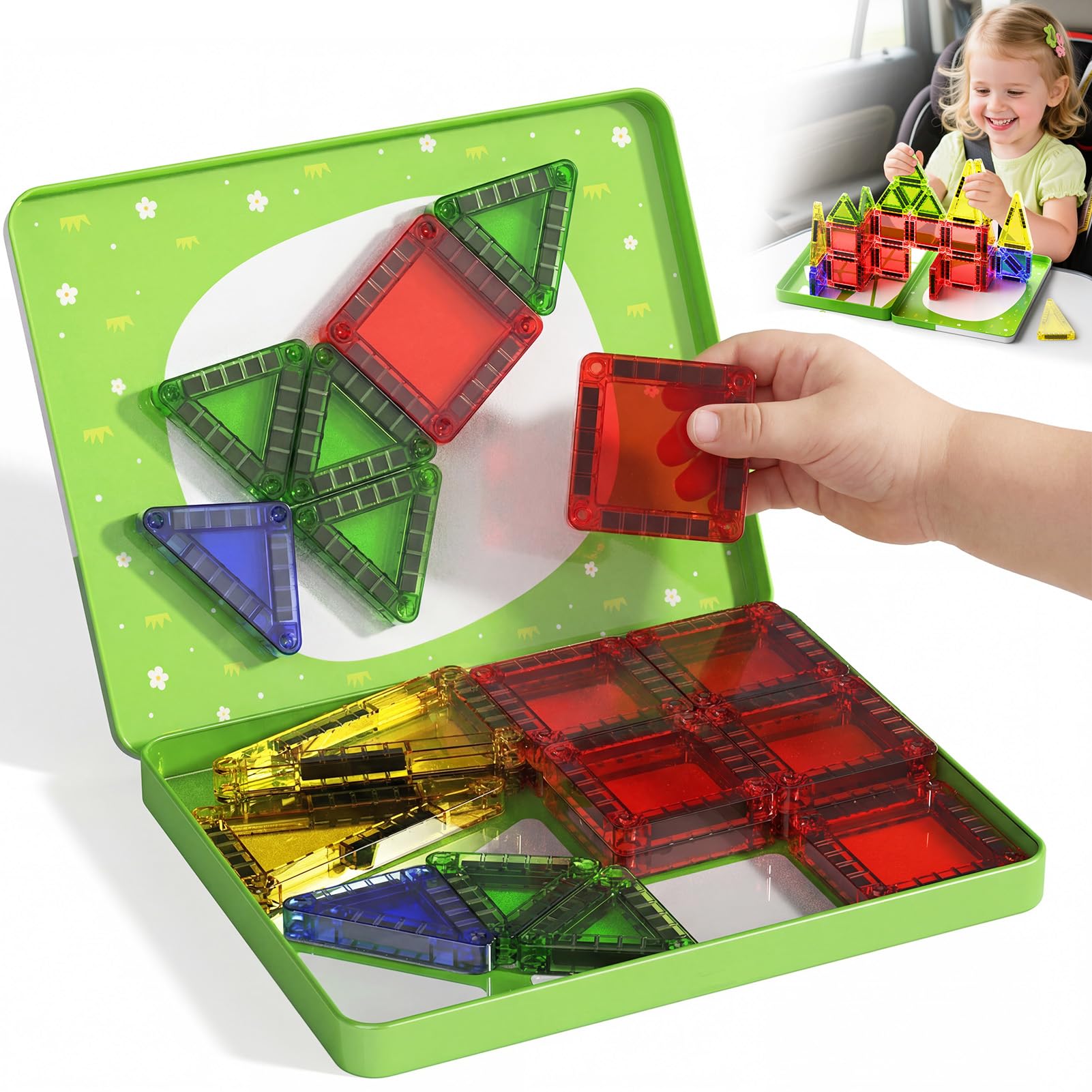 Gamcrown Travel Magnetic Tiles for Kids Car Games: 26 PCS Mini Magnet Building Blocks in Tin Box to Stop Crying - 300g Pocket Size Educational Toy - Road Trip Essentials - Boys Girls Age 3-8
