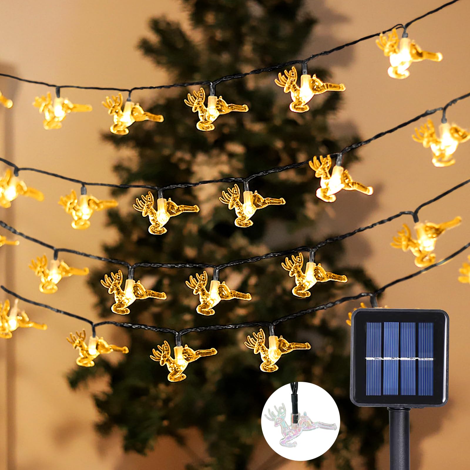Glaxcidy Solar Christmas String Lights, 22.9 Ft 50 LEDs Reindeer String Lights with 8 Modes, Waterproof Fairy Lights, Copper Wire Solar Reindeer Lights for Garden Home Christmas Decoration
