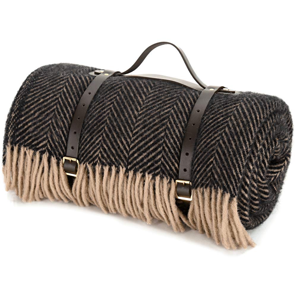 Tweedmill Polo Large Pure New Wool Picnic Blanket Herringbone Vintage and Brown 150x183cm