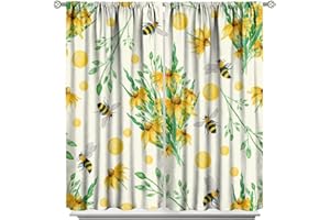JANJCURT Bee Blackout Curtains,Watercolor Wild Yellow Flowers Window Drapes,Honey Bee Wild Cereals Print Pattern Thermal Insulation Window Treatments for Kids Bedroom Living Room Kitchen 42x45 Inch