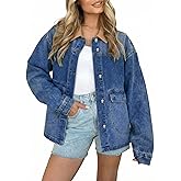 EVALESS Women's Oversized Jean Jacket Button Down Contrast Trim Barn Jackets Trendy Boyfriend Denim Jacket With Pockets
