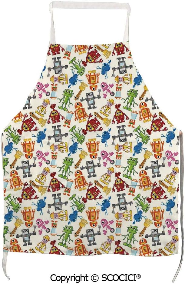 SCOCICI Apron Colorful Cartoon Robot Collection Boys Nursery Theme Futuristic Fantastic Science Toys Unisex Kitchen Bib Apron with Pockets for Cooking Baking Gardening,27.6" W x 31.5" H