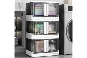 BROVIEW V6 Storage Bins with Lids, 102 QT Stackable Storage Bins with Wheels, Collapsible Storage Bins with Doors, Folding Storage Cabinets for Closet, Home Office Dorm Organizer Essential, White