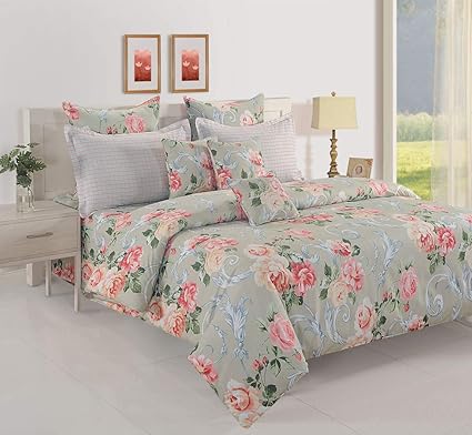 Swayam 160 TC Floral Print Cotton Fitted Double Bed Sheet with 2 Pillow Cover (12020-DFT)- Grey, Peach