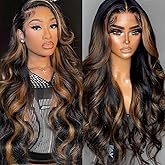 Durgio Ombre Highlight 13X6 Body Wave Lace Front Wigs Human Hair HD Transparent Lace Frontal Wigs 1B/30 Brown Colored Pre Plucked 180% Density 30 Inch Balayage Glueless Wig for Women