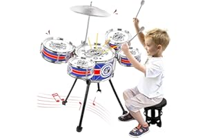 TWFRIC Toy Drum Set for Toddlers Upgrade Drum Kit Kids Jazz Drum Set with Stool, 5 Drums Percussion Musical Instruments Drum Toys for 3 4 5 Year Old Boys Girls Gifts (Blue)