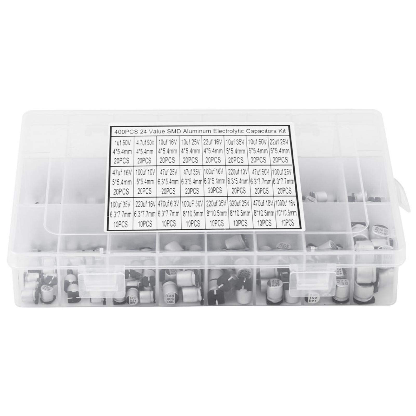 400pcs SMD Aluminum Electrolytic Capacitor Assorted Kit,1uF - 1000uF 24 Values,with Box,for Electronic Applications,DIY Accessory