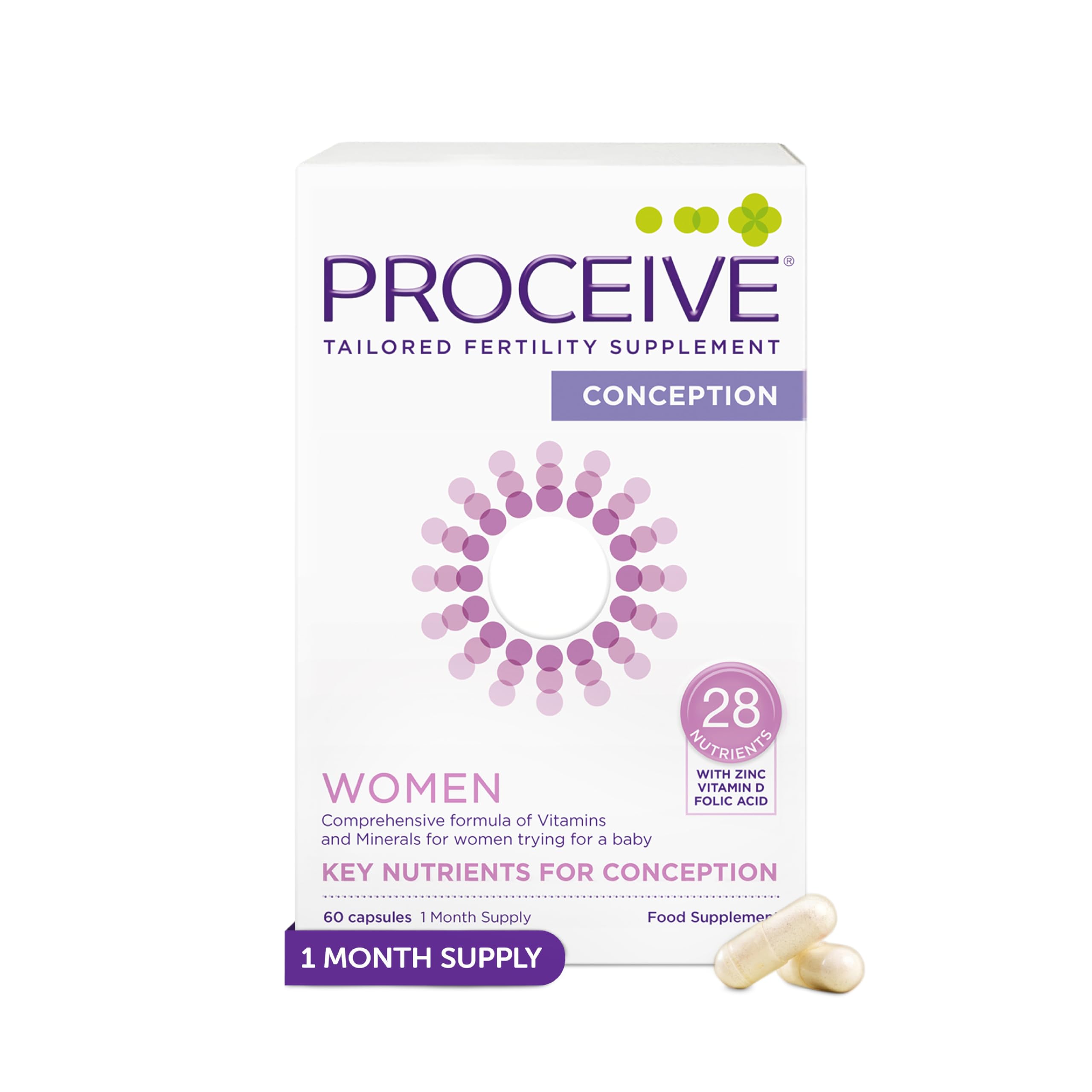 Proceive® Fertility Supplements for Women - Conception Vitamins for Trying to Conceive - Contains Zinc, Folic Acid, Vitamin D - 60 Capsules (1 Month Supply) - Vegan