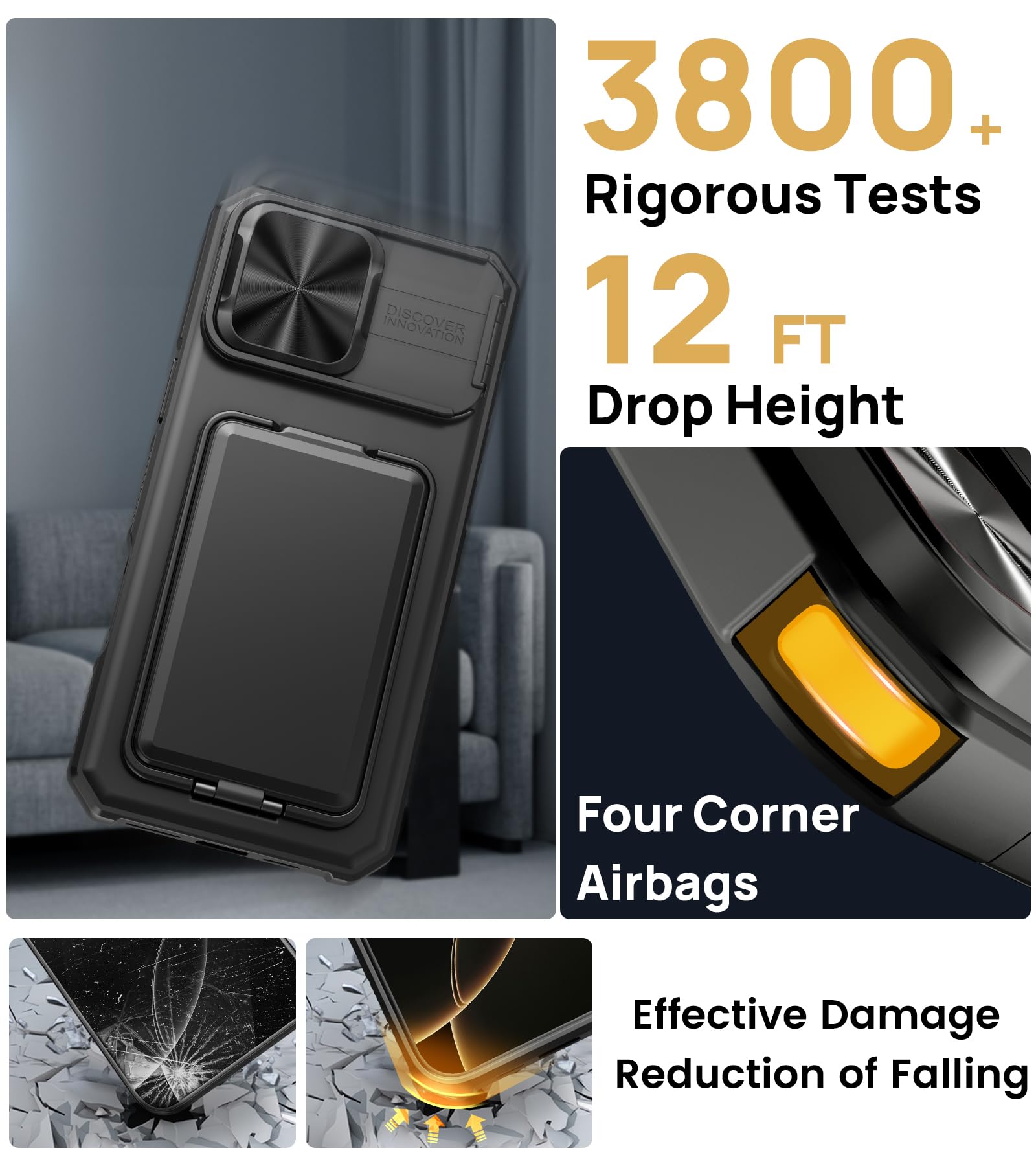 for iPhone 16 Pro Max Case with Card Holder & Kickstand & Slide Camera Lens Cover, Silicone Edge Protection Rugged Heavy Duty Phone Case Cover for iPhone 16 Pro Max 6.9'' 2024, Black