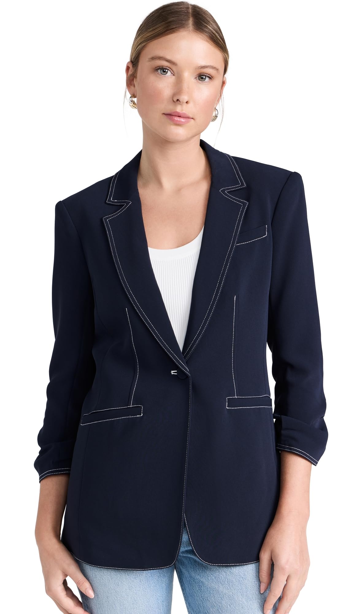 Cinq a Sept Women’s Crepe Khloe Blazer, Navy with Ivory Stitching, 4