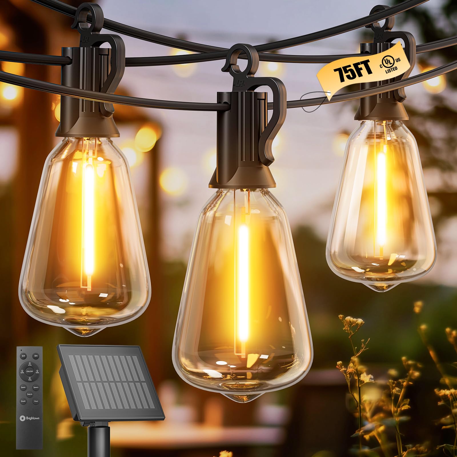 Photo 1 of Brightown Solar String Lights Outdoor Waterproof 75FT with 35 Shatterproof ST38 LED Bulbs, 2700K Solar Lights Outdoor with Remote, Solar String Lights for Outside, Camping, Yard, Party Decor