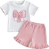 Kuriozud Toddler Baby Girl Clothes Cute Bow Short Sleeve T Shirts Top Ruffle Shorts Set 2 Piece Summer Outfits