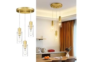 Emak Brushed Gold Pendant Light Fixtures, 3-Light Cluster Pendant Lights with Clear Glass Shade, Modern Hanging Light Fixture for Kitchen, Dining Room, Living Room, Bathroom, PL120-BGD-CL