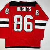 Facsimile Autographed Jack Hughes New Jersey Red Reprint Laser Auto Hockey Jersey Size Men's XL