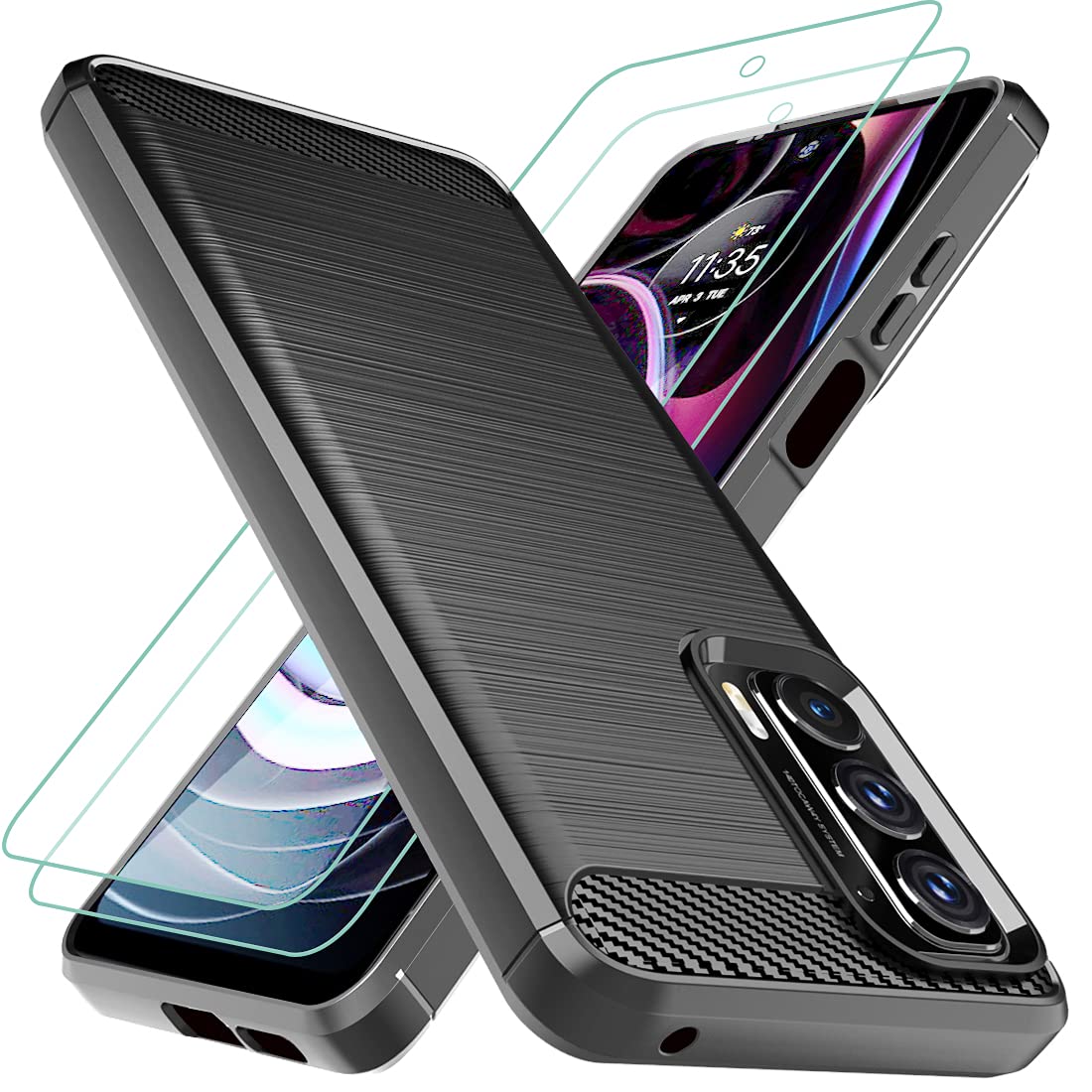 Osophter for Motorola Moto Edge 2021 Case: with 2pcs Screen Protector Shock-Absorption Flexible TPU Rubber Protective Cell Phone Cover (Black)