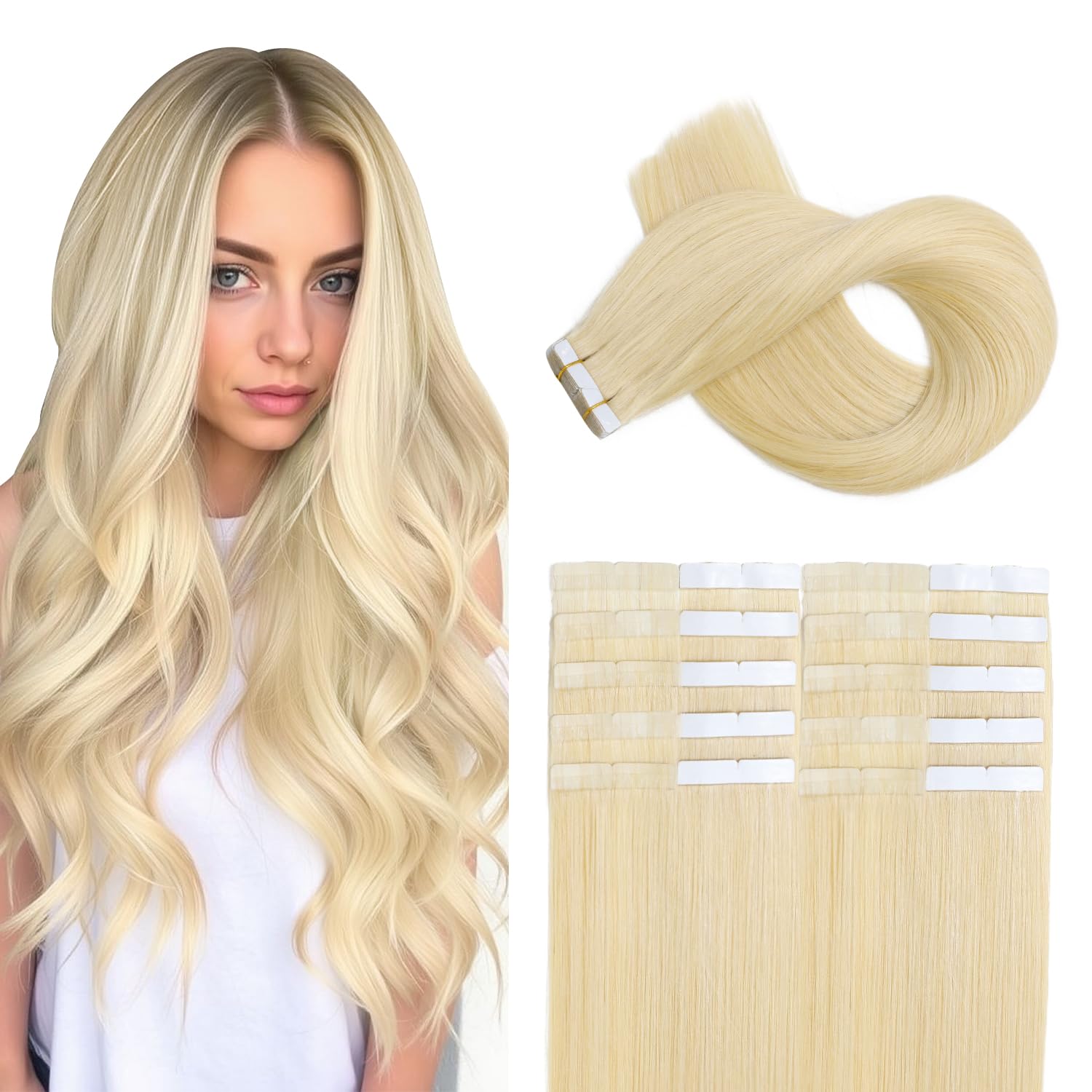 XDhair Tape in Hair Extensions 50g 14Inch Platinum Blonde Silk Straight Tape in Real Human Hair Extensions 20pcs for Fashion Women(#60,14Inch)