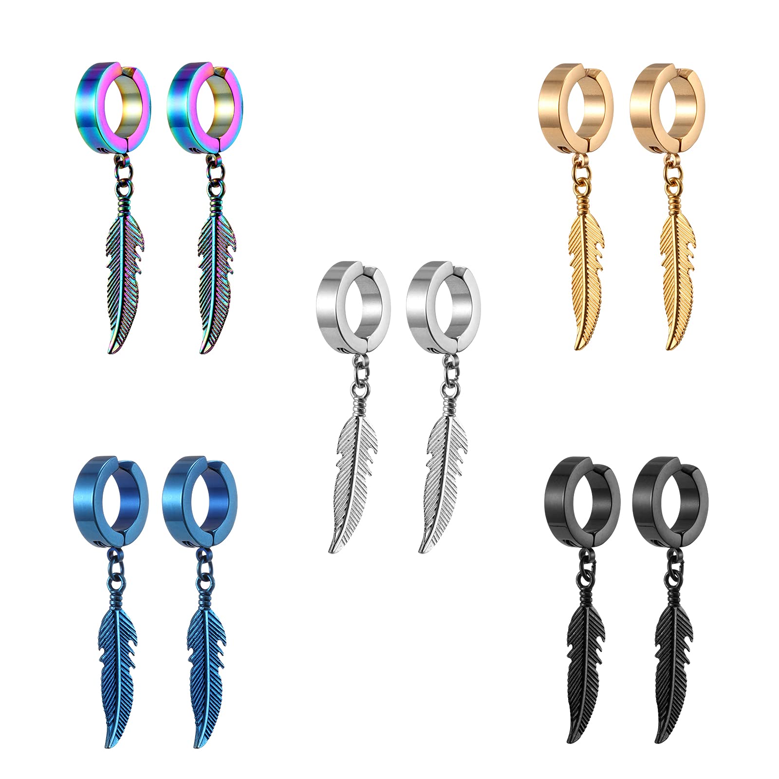 Bo Win 5 Pairs Stainless Steel Fake Non-Pierced Clip-On Earrings for Men, Women & Boys - Feather, Hoop & Cuff Designs in Black, Silver & Gold