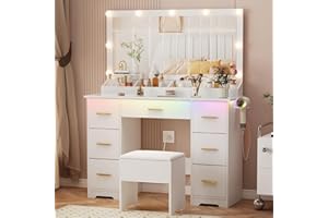 METOTI Vanity Desk with 38" Large Mirror and 9 LED Lights & Glass Top and Power Outlet, Makeup Vanity Set with 7 Drawers & Chair and RGB Ambient Light, Dressing Table for Bedroom, Modern White