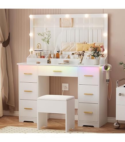 Karl Home Vanity Desk With Lighted Mirror & 9 Drawers - Glass Top, Charging Station, White