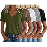 Huukeay Womens 5 Pack V Neck Basic Tees Comfortable Casual Short Sleeve T Shirts Solid Color Tops for Summer Flat Hem