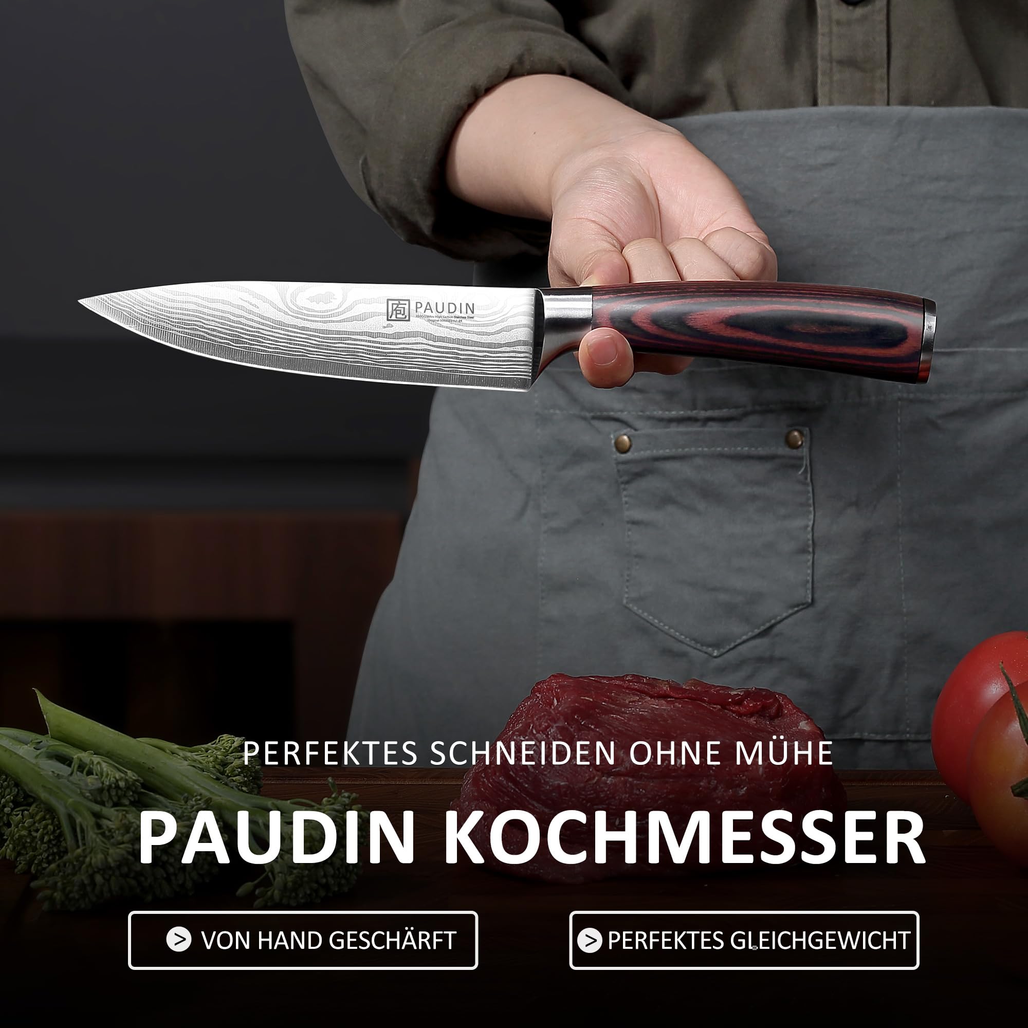 PAUDIN Kochmesser 15 cm Küchenmesser klein scharf profi Messer als Allzweckmesser Fleischmesser Gemüsemesser aus hochwertigem Edelstahl mit ergonomischem Holzgriff 3
